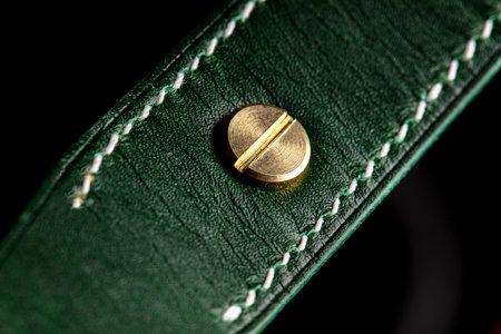 Part of a leather product or belt in green on a black background.の写真素材