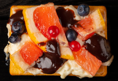Square berry dessert for a buffet table. Beautiful healthy cake.の写真素材