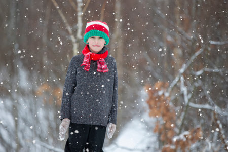 Child in winter in the forest. A little boy, a child in winter clothes, walking under the snow.の写真素材