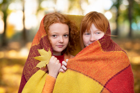 Two red-haired girlfriends wrapped themselves in a woolen blanket in an autumn park. Children in autumn.の写真素材