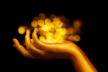 A golden female hand holds a golden bokeh on a black background. Beautiful fingers covered in gold.の写真素材