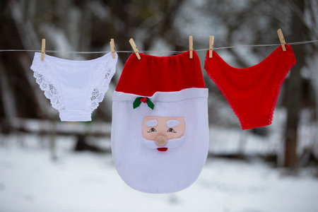 Women's underpants and Santa's Christmas hat are drying on a rope.の写真素材