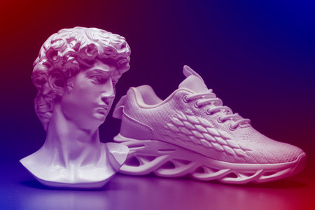 But the red-blue background is a plaster head of an Apollo and a textured white sneaker.