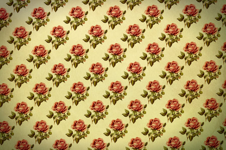 Old vintage wallpaper with repeating retro roses. Sheet of vintage notebook with flowers.の写真素材