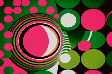 Retro wallpaper in 70s style with colorful multicolored circles. Vintage geometric patternの写真素材