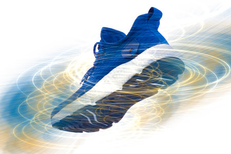 A blue sneaker with a white sole outlined with abstract swirling lines.の写真素材