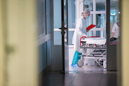 A nurse pushes a gurney with a stretcher in the hospital corridor.Hospital corridor.の写真素材