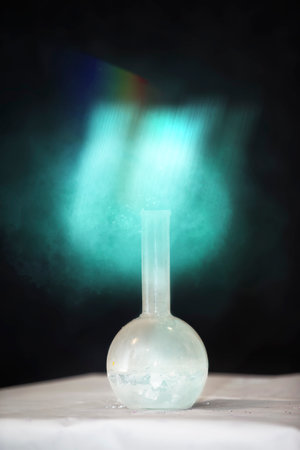 A green mystical light comes from the chemical flask.の写真素材