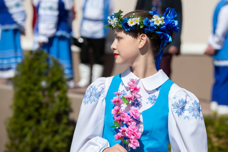 April 28, 2022. Belarus. Gomil region. Holiday of Slavic cultures. Young Belarusian woman in ethnic costumes.Slavic woman in national clothes.のeditorial素材