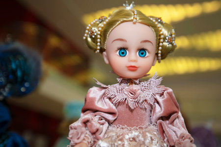The head of a blue-eyed doll toy in beautiful clothes close-up.の写真素材