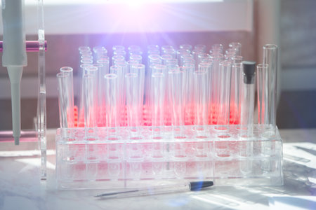 Medical test tubes in blue lighting.Laboratory with test tubes.
