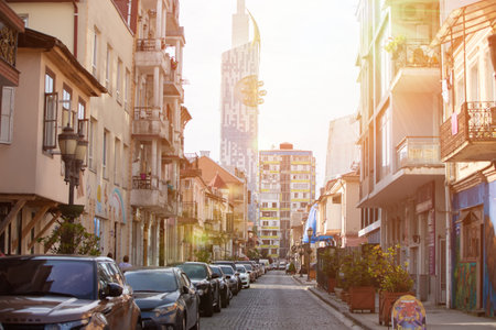 August 07, 2023 Georgia. Batumi. The narrow streets of the old town are flooded with sun.のeditorial素材