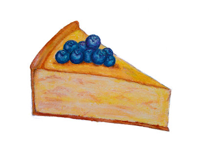 Drawing of a piece of cheesecake decorated with blueberries.の写真素材