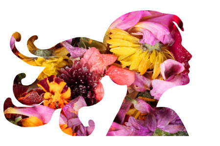 Template of a girl's face in profile with floral texture. Concept of female beauty and health. Symbol of youthの写真素材