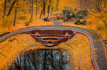 Autumn landscape of a cozy city park with a pond.の写真素材