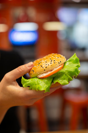 Hands holding a hamburger sprinkled with sesame seeds on a blurred background.の写真素材