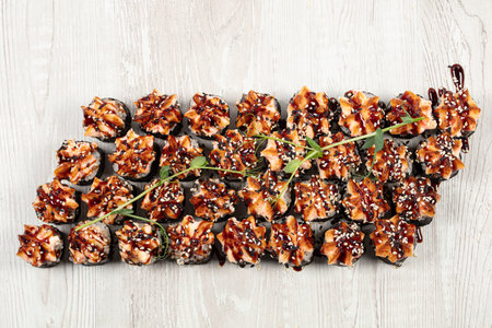 Set of sushi rolls, close-up top view.Japanese food.の写真素材