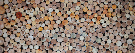 Background of wooden round logs neatly folded.の写真素材