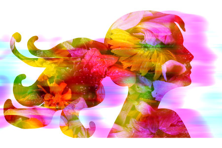 Template of blurred girl's face in profile with floral texture. Concept of female beauty and health. Symbol of youthの写真素材