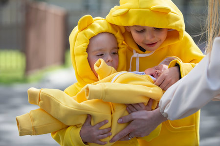 Happy little brother and sister holding a newborn baby in their arms. Meeting with the maternity hospital.の写真素材