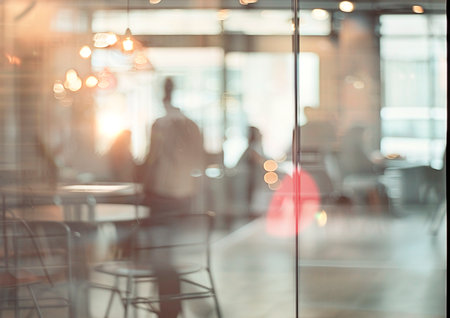 Blurred images of an office and unrecognizable people behind the glass.