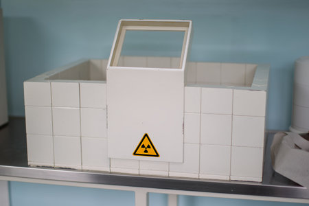 Devices for radioactive cancer treatment in a medical facility.Medical bath with a radiation sign in the oncology department of a hospitalの写真素材