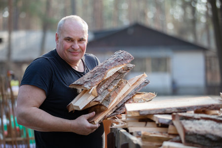 An elderly man prepares firewood for the winter.の写真素材