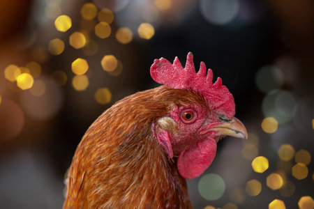 Red chicken head on festive bokeh background.の写真素材