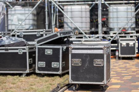 Case boxes for musical equipment. Professional stage equipment is packed in special boxes.の写真素材