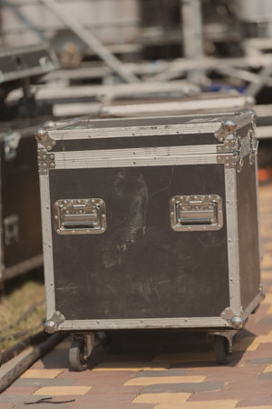 Case boxes for musical equipment. Professional stage equipment is packed in special boxes.