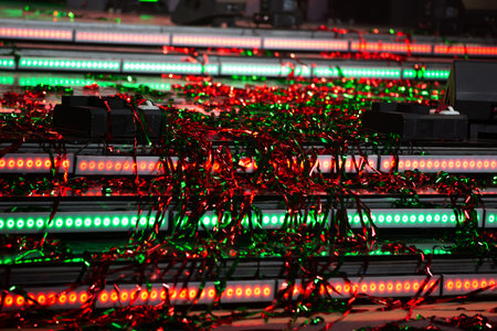 Colorful string lights adorn holiday decor.