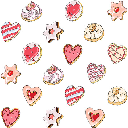 Pretty sweet cakes and cookies in pink pastel colorsのイラスト素材