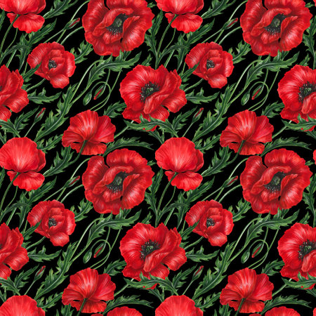 Seamless pattern with red poppies on black background.の写真素材