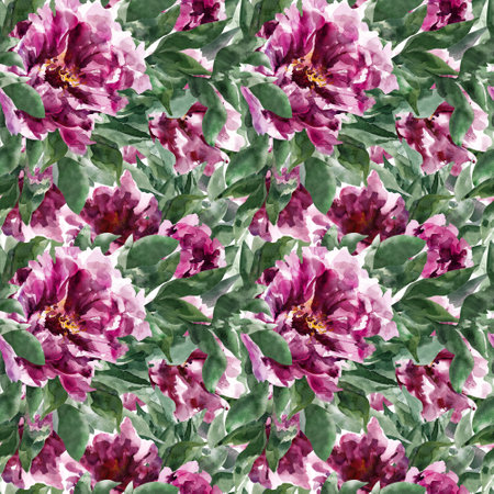 Floral seamless pattern from purple peonies flowers and green leaves. Design with hand drawn by watercolor elements for textile, fabric, wallpaper, wrapping paper.の写真素材