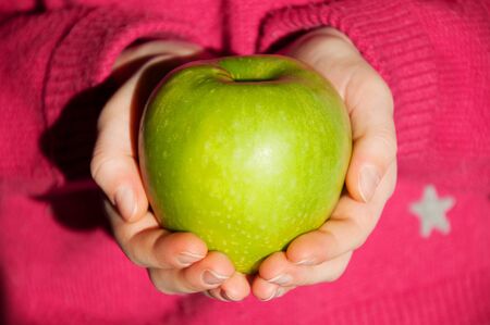 Girl holding in hands a big green appleの写真素材