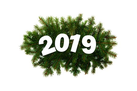 Number Two Thousand and Nineteen on Green Fir Branches on Light Background. Creative Concept. Minimal Flat Layの写真素材