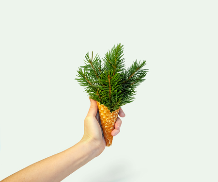 Christmas Tree Ice Cream in Woman Hand on Ligth Background. New Year Concept. Minimal Holiday Composition. Copy Spaceの写真素材