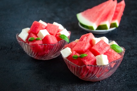 Fresh Summer Salad. Watermelon with Feta Cheese and Basilの写真素材