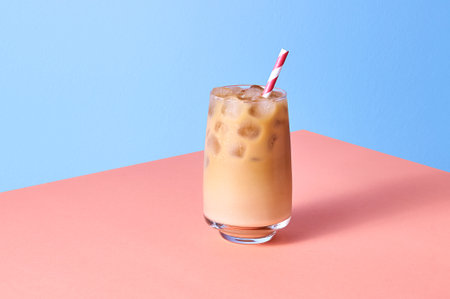 Iced Coffee with Milk in Tall Glasses on Pink Table and Blue Background. Isometric Horizontal Orientationの写真素材