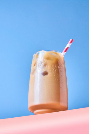Iced Coffee with Milk in Tall Glasses on Pink Table and Blue Background. Trendy Hero Viewの写真素材