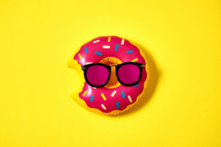 Inflatable donut in pink sunglasses on yellow background. Creative minimal concept. Top view Flat layの写真素材