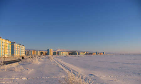 NADYM, RUSSIA - NOVEMBER 20, 2006: View of the city. Architectural structure, road in Nadym, Russia - November 20, 2006. Winter landscape.のeditorial素材