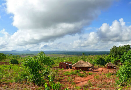 NAIOPUE, MOZAMBIQUE - DECEMBER 7, 2008: the Settlement. A residential building. Strangers villagers standing near his home in Naiopue, Mozambique - December 7, 2008. The nature around.のeditorial素材