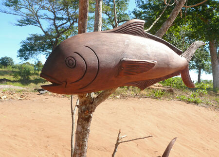 Masks and other works of the Mozambican masters sold near the village Chidenguele. Africa, Mozambique.の写真素材