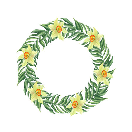 Watercolor wreath of leaves with narcissus flowers on a white background.の写真素材