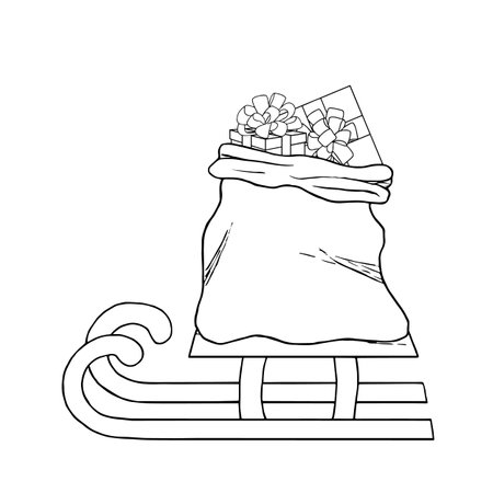 Santa Claus sleigh with a bag of Christmas gifts. Outline drawing. Hand drawn vector illustration. Design element. For coloring, cards, printing, packaging, invitations, business cards, advertisingのイラスト素材