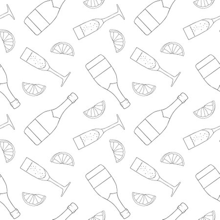 Seamless pattern with bottles and glasses of champagne, orange and tangerine fruits. Black and white outline drawing in doodle style. Hand drawn vector illustration. For design, menu, textiles, decor, wallpaper, wrapping paper, clothing, scrapbookのイラスト素材