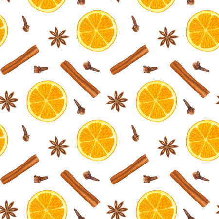 Watercolor seamless pattern with orange fruit slices, cinnamon sticks, star anise and cloves on white background. Ingredients and seasonings for mulled wine.の写真素材