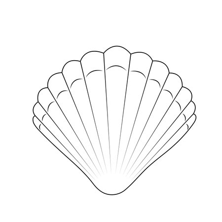 Black and white silhouette of a seashell isolated on white background. Monochrome outline drawing of a scallop. Vector illustration. Design element for coloring, cards, printing, packaging, invitations, advertisingのイラスト素材