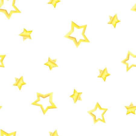 Yellow or gold stars watercolor seamless pattern on white background. Hand drawn illustration for holiday design, cards, textile, decor, wallpaper, wrapping paper, clothesの写真素材